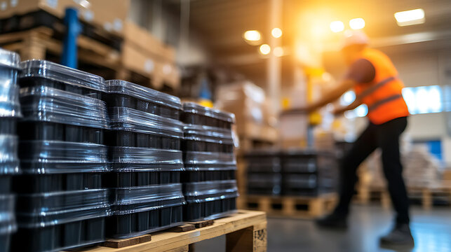 Warehouse scene showcasing stacks of black containers on wooden pallets, partially visible worker in hi-vis vest moving stock in background, natural light streaming through warehouse.