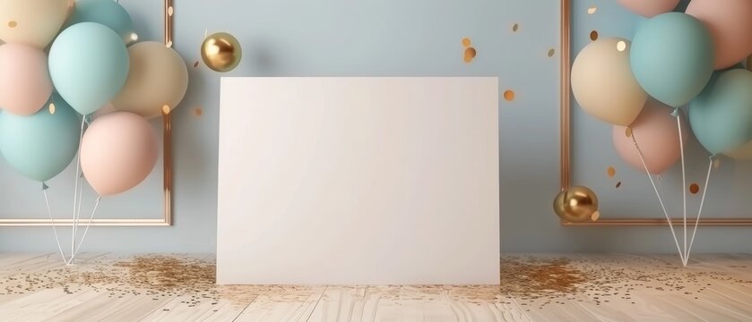 A wide festive scene with pastel balloons and golden confetti around a blank banner, awaiting a personalized message.