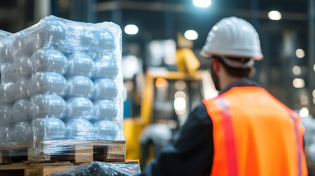 Inside a warehouse, a worker in safety gear stands near a pallet of round items, likely manufactured goods. Forklift in the background hints at the facility's function. - Powered by Adobe