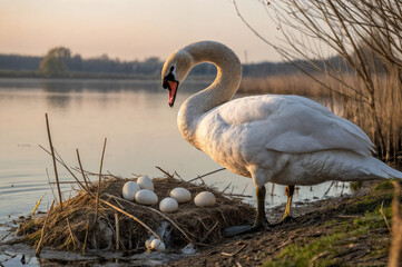 Swan nest eggs on the river bank