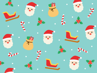 Seamless pattern featuring Santa Claus, sleigh, gift sack, candy cane, and mistletoe on a bright blue background. Ideal for cheerful holiday packaging, stationery, or digital backgrounds.