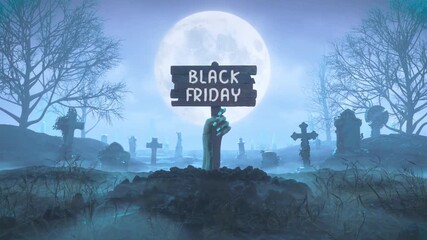 A spectral skeletal hand emerges from a misty graveyard under a full moon, presenting a 'Black Friday' sign, an eerie symbolic representation of dark consumerism - Powered by Adobe