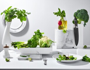 Assortment of fresh vegetables artfully arranged on a white surface