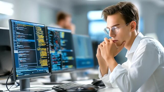 Freelance coder debugging late-night screen fix, coffee fuel, breakthrough code, photorealistic peeked by a solo dev artist.