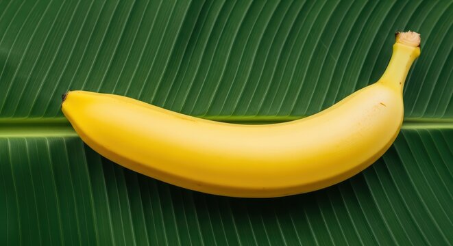 Fresh yellow banana on green leaf background showcasing vibrant natural colors - Powered by Adobe