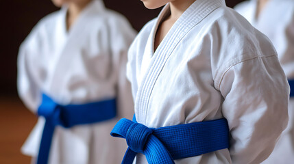 Focused martial arts students wearing traditional white kimonos and blue belts, showing discipline and commitment. Readiness for training displayed.