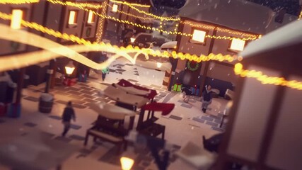 A festive evening scene of a town square adorned with glowing lights and winter decorations, creating a warm holiday ambiance with snow - Powered by Adobe