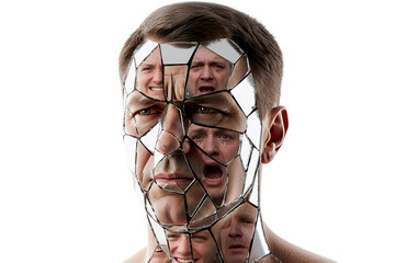Shattered identity, conceptual portrait of man with depression, showing pain and multiple emotions in broken mirror reflections