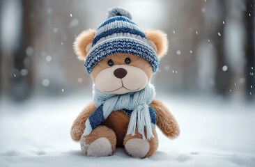 Teddy Bear in Winter Wonderland: A cozy teddy bear, wrapped in a warm hat and scarf, sits peacefully amidst a snowy landscape. Evoking a sense of comfort and serenity in winter.