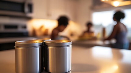 In a modern kitchen, sleek metal canisters sit on a pristine countertop, with blurred figures in the background, creating a cozy and inviting ambiance. #KitchenDecor #Home