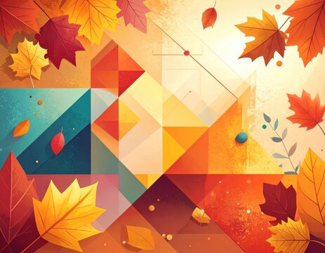 Autumnal geometric art, colorful leaves scattered across a mosaic background