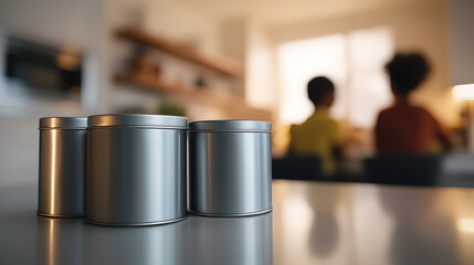 A serene kitchen scene with three silver canisters on a countertop, reflecting light in a modern home. Two people are sitting in the background, adding warmth and life.