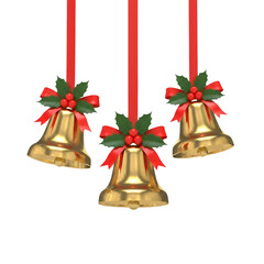 Set of hanging golden Christmas bells with red ribbons and holly realistic 3D festive ornaments isolated on white background ideal for Christmas and New Year design