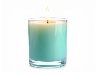 A glowing teal candle in a clear glass jar, emitting a warm and inviting ambiance on a white background
