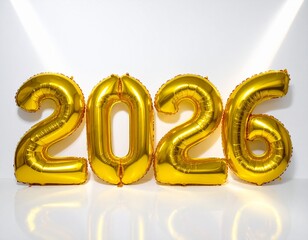 Golden Balloons Form the Year 2026 on a White Background - A Symbol of New Beginnings and Future Aspirations