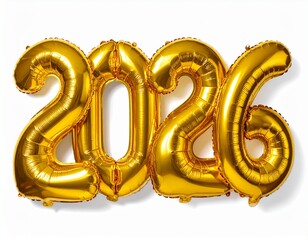 Golden 2026 Balloons Celebrating the New Year in Style with Helium-Filled Numbers on a White Background