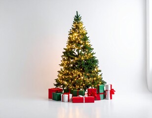 Elegant artificial Christmas tree glowing with warm lights surrounded by gift boxes, isolated on a seamless white backdrop