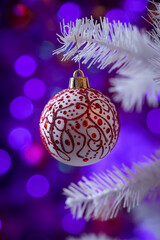 Red Glitter Christmas Ornament Hangs From White Pine Branch With Purple And Blue Lights