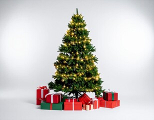Festive Christmas Tree with Glowing Lights and Presents in a Bright Studio Setting