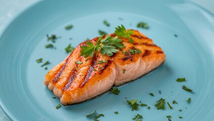 Grilled Orange Slice on Blue Plate with Green Garnish Still Life Study.