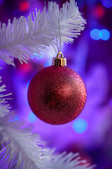 Red Glitter Christmas Ornament Hangs From White Pine Branch With Purple And Blue Lights
