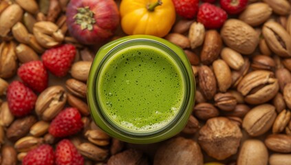 Green Elixir with Berries and Nuts Composition, Top View, Health and Wellness Concept.