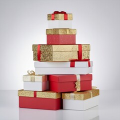 Festive Gift Stack Red and Gold Boxes Wrapped in Ribbon