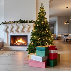 Cozy Christmas living room scene with a decorated tree, sparkling lights, a warm fireplace, and colorful presents, perfect for holiday celebrations and festive cheer