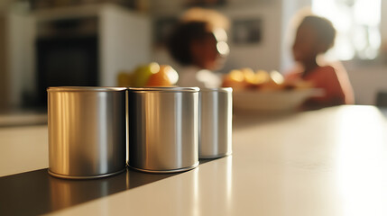 Three shiny metal cans aligned on a kitchen counter, bathed in warm sunlight. Children in the background add a touch of life to the scene. Culinary minimalism.