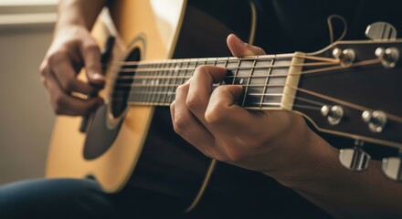 Close-up of a person's hands playing an acoustic guitar with a shallow depth of field in a dimly lit room with warm tones.