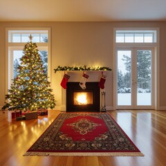 Cozy Christmas Living Room with Tree, Fireplace, and Snowy View