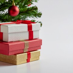 A close-up of elegantly wrapped Christmas gifts in a festive stack, waiting by the tree for a joyful holiday morning surprise