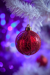 Red Glitter Christmas Ornament Hangs From White Pine Branch With Purple And Blue Lights