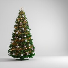 Elegant Christmas tree with glowing lights and festive decorations on a clean white background with ample copy space for text