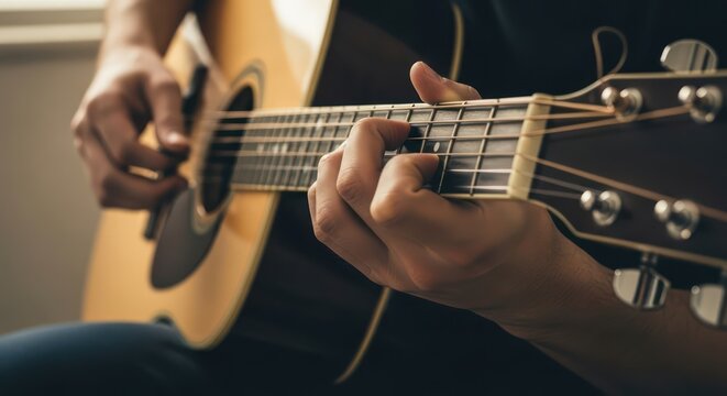 Close-up of a person's hands playing an acoustic guitar with a shallow depth of field in a dimly lit room with warm tones. - Powered by Adobe