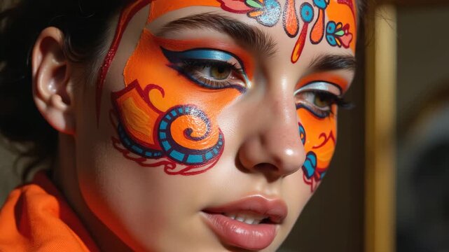 A close-up of a face with festival body art in blue and gold tones: an actress wearing a mask delivers a monologue in backlighting.