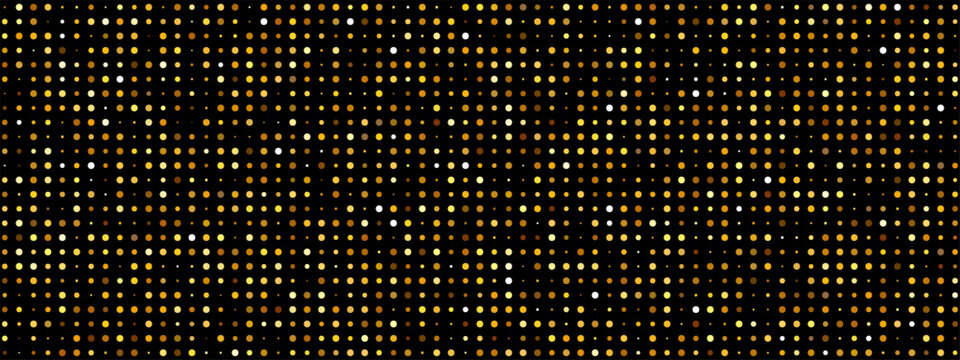 Gold and black disco background with scattered golden dots. Sparkling pattern features halftone circles, glitter particles across dark backdrop. Vector luxury design with premium texture elements.