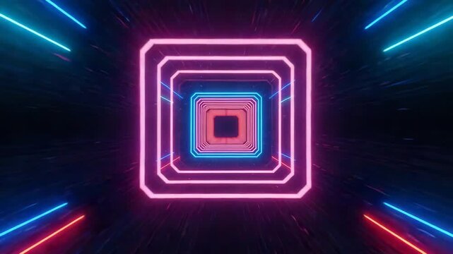 Hypnotic Neon Square Tunnel with Pulsing Red and Blue Streaks