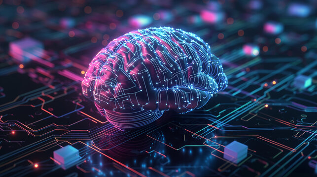Futuristic AI brain made of digital circuits and holographic data streams, symbolizing artificial intelligence and neural networks