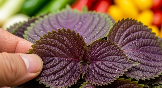 Close-up of human thumb touching textured purple shiso leaf with water droplets showing detailed serrated edges and veined surface pattern
