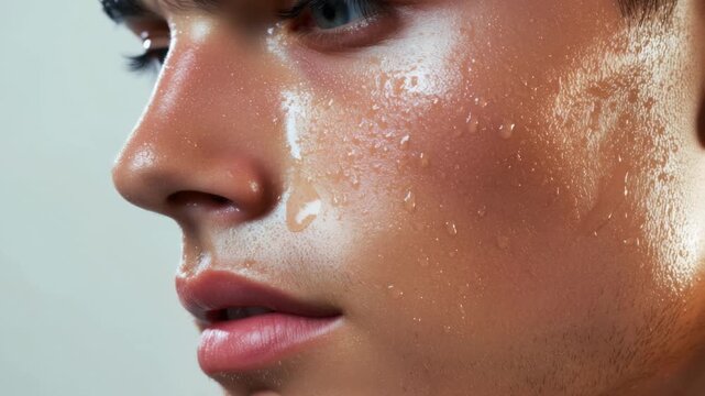 Close-up of a young man with glowing skin and water droplets on his face at a beauty photoshoot in a studio