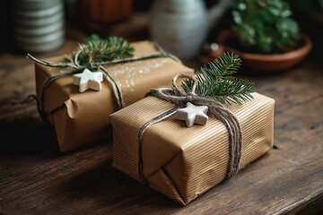 Rustic Christmas Gift Wrapping With Kraft Paper, Twine, and Star Ornaments