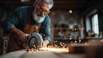 Skilled carpenter uses circular saw in workshop creating beautiful woodwork with sparks flying everywhere in the afternoon light