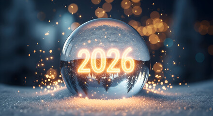 Glowing 2026 numbers inside a clear glass snow globe or crystal ball resting on fresh snow with reflections of snowy pine trees and magical golden bokeh lights for Happy New Year Eve Merry Christmas 