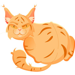Orange Tabby Cat with Pointed Ears and Orange Eyes Lying Down with Tail Curled on White Background