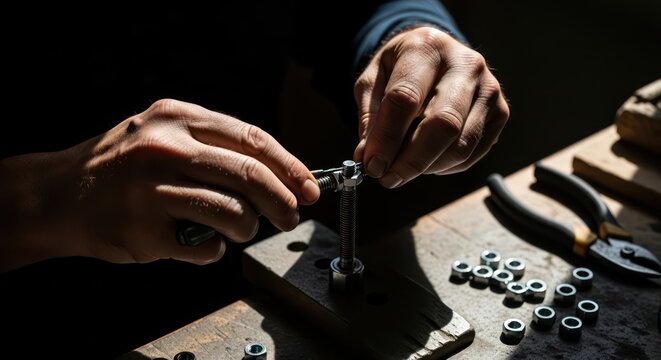 Close-up of a person's hands working on a metal object with tools and parts on a wooden workbench in a dark room.
