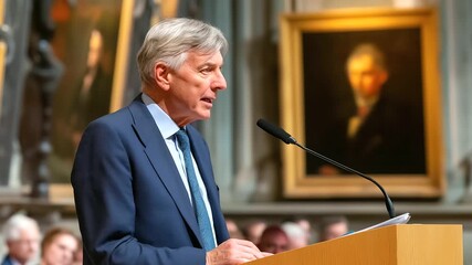 Leader delivering speech podium with microphone, audience captivated, gestures emphatic, historical hall, photorealistic stolen moment by a portrait photographer, dramatic stage l