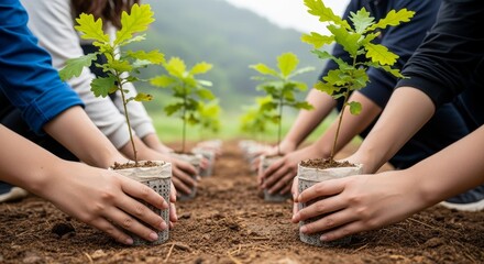 Group of diverse hands protectively surrounding young oak tree saplings in biodegradable pots during collaborative reforestation planting activity on fertile soil