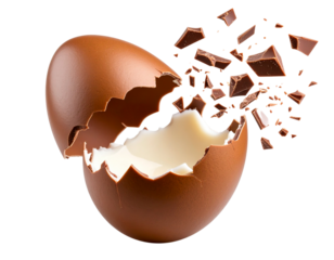  Broken Chocolate Egg with Floating Shards and Creamy Filling, Side Perspective