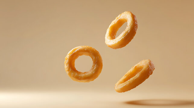 Three delicious rings frozen in mid-air against a light tan backdrop. The rings offer a tempting treat that captures a simple moment of indulgence. Sweet delicacy hovering.